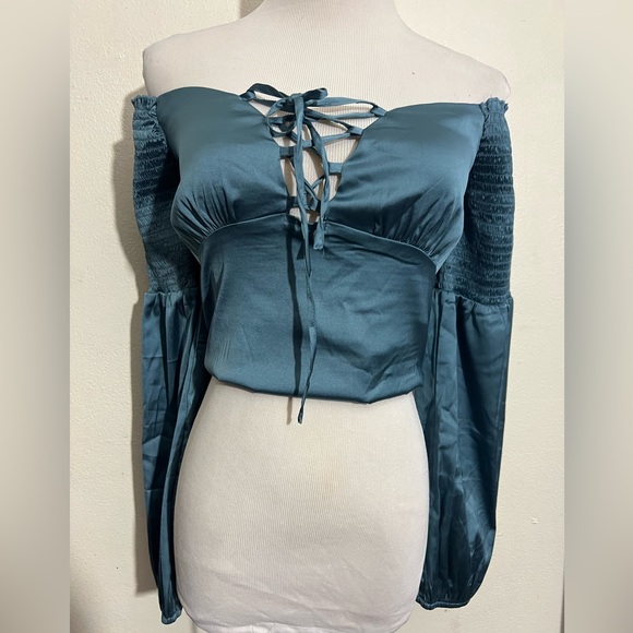 Guess Blue Lace-Up Off-Shoulder Blouse blue dating top size small crop blouse - Picture 2 of 7